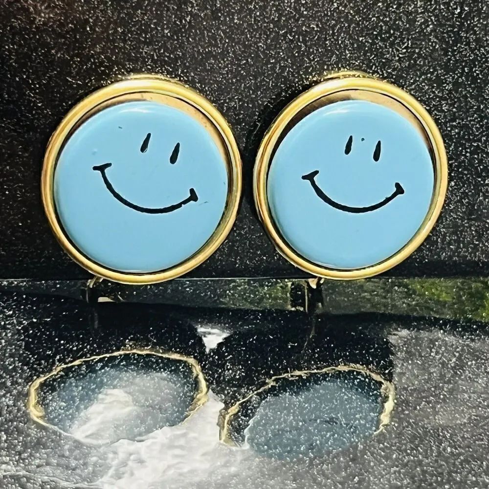 Vintage Turqoise Blue SMILEY FACE Button Gold Cute Happy Joy Grin Earrings 1424